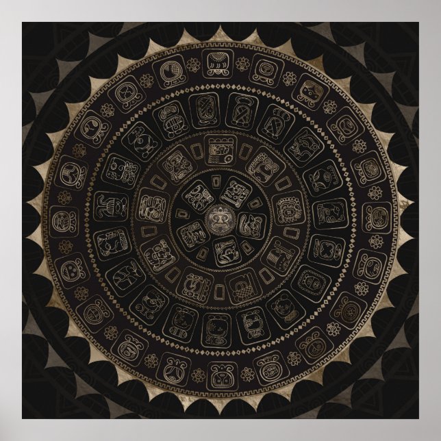 Maya Calendar Glyphs Pastel Gold on brown Poster (Front)