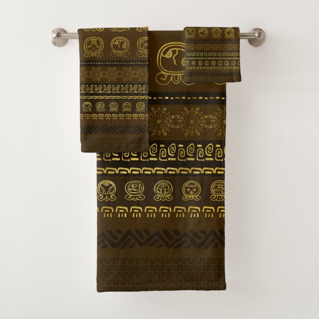 Maya Calendar Glyphs pattern Gold on Brown Bath Towel Set (Insitu)