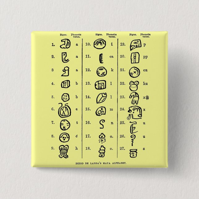 Mayan Alphabet 2 Inch Square Button (Front)