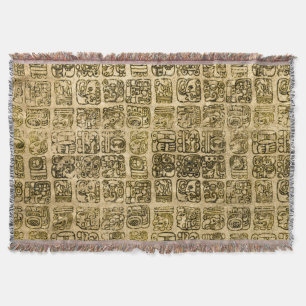 Mayan and aztec glyphs gold on vintage texture throw blanket
