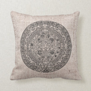 Mayan Aztec Sun Calender on Burlap Throw Pillow