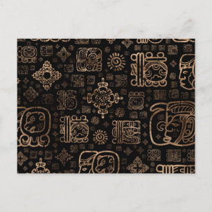 Mayan glyphs and ornaments pattern -gold on black postcard