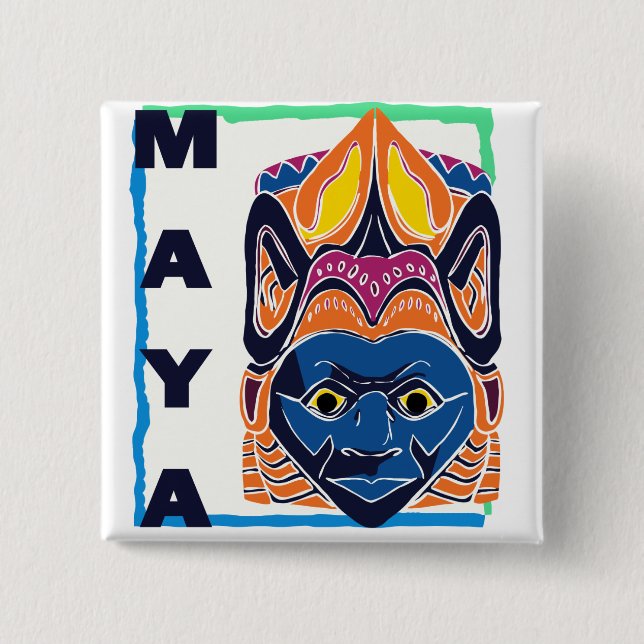 MAYAN MASK 2 INCH SQUARE BUTTON (Front)