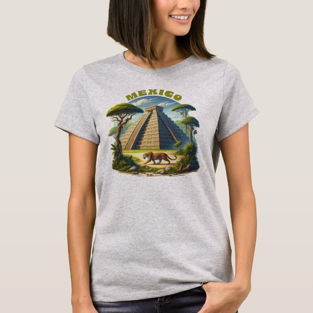 Mayan pyramid and jaguar Mexico T-Shirt (Front)