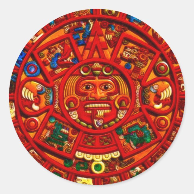 MAYAN Sun Calendar of Mexico (Red version) Classic Round Sticker (Front)