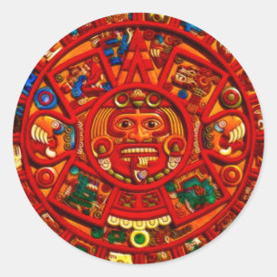 MAYAN Sun Calendar of Mexico (Red version) Classic Round Sticker