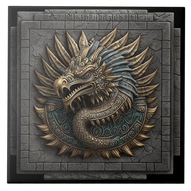 Mayan Temple Tile with Golden Quetzalcoatl (Front)