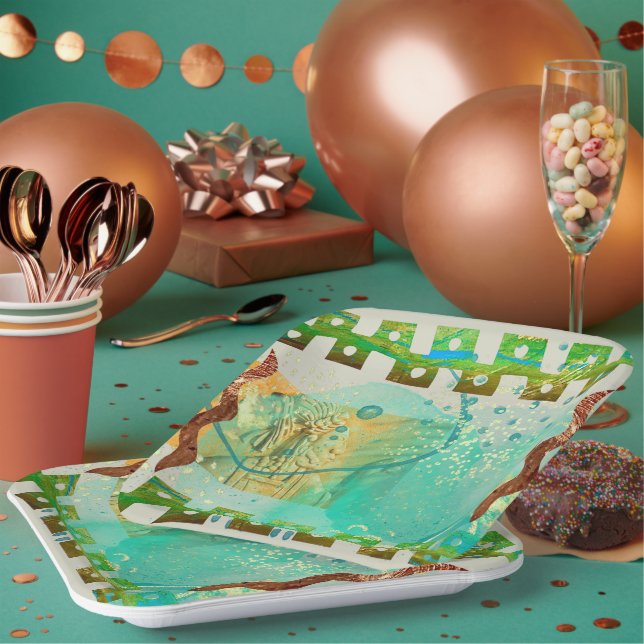 Mayan Turquoise & Gold Mexican Boho Paper Plate (Multi)