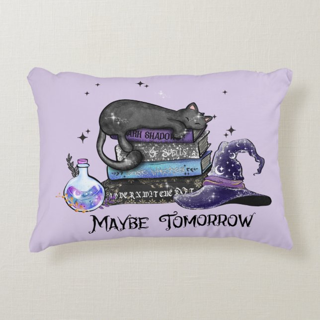 Maybe Tomorrow – Black Cat, Books & Witchy Vibes Accent Pillow (Front)