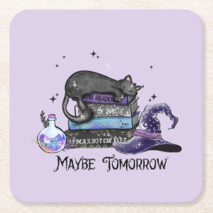 Maybe Tomorrow – Black Cat, Books & Witchy Vibes Square Paper Coaster