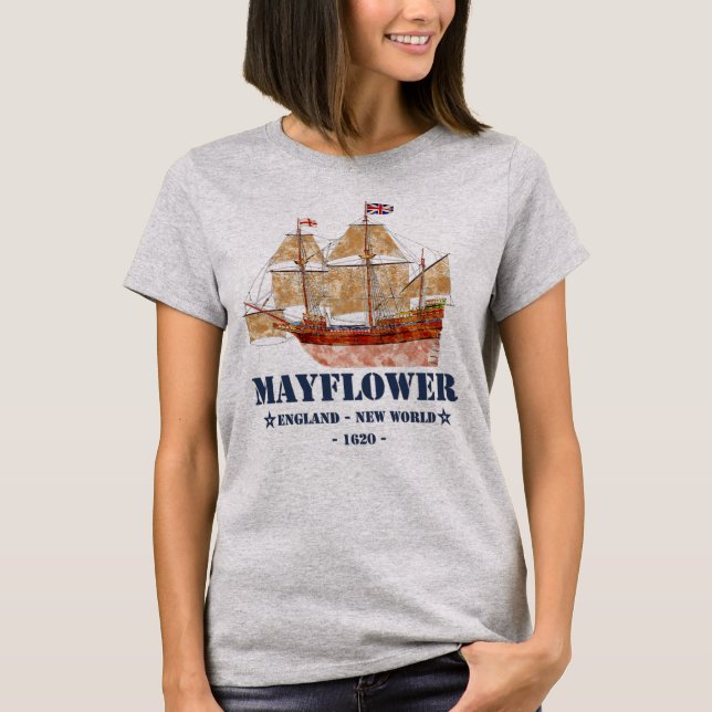 Mayflower Tall Ship - England to New World in 1620 T-Shirt (Front)