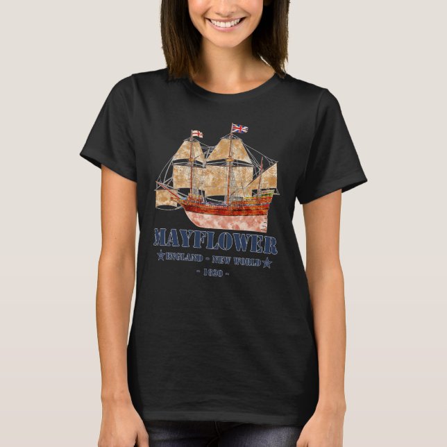 Mayflower Tall Ship - England to New World in 1620 T-Shirt (Front)