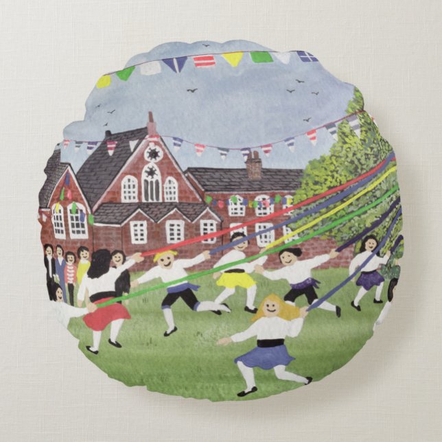 Maypole Dancing 1991 Round Pillow (Front)