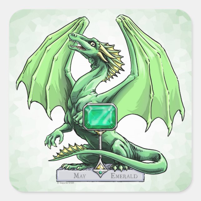 May's Birthstone Dragon: Emerald Square Sticker (Front)