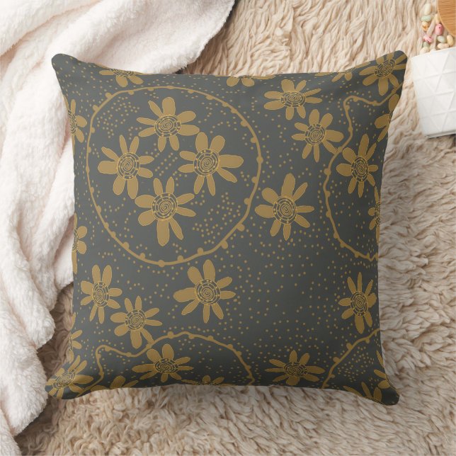 Maz Floral Bubbles Polka Dot Grey Camel Brown  Throw Pillow (Blanket)