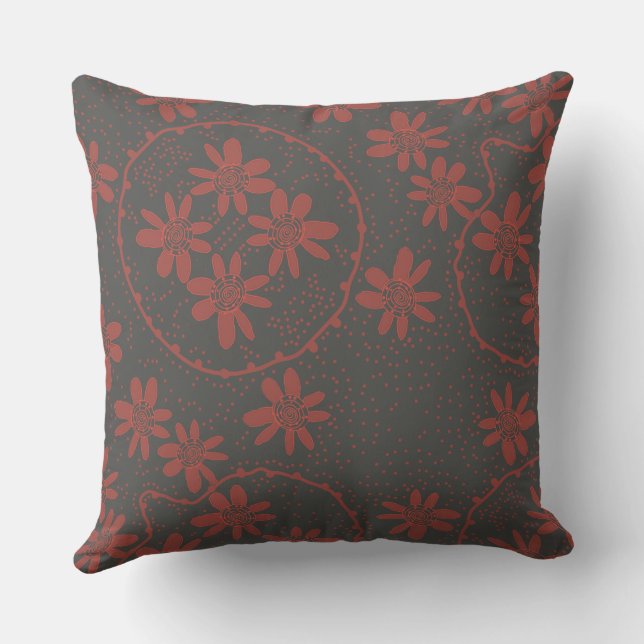 Maz Floral Bubbles Polka Dot Grey Red Throw Pillow (Back)