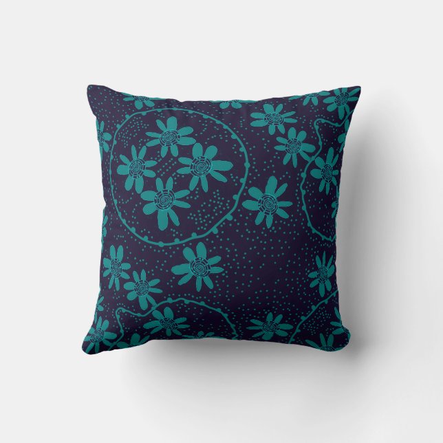 Maz Floral Bubbles Polka Dot Navy Teal Throw Pillow (Back)