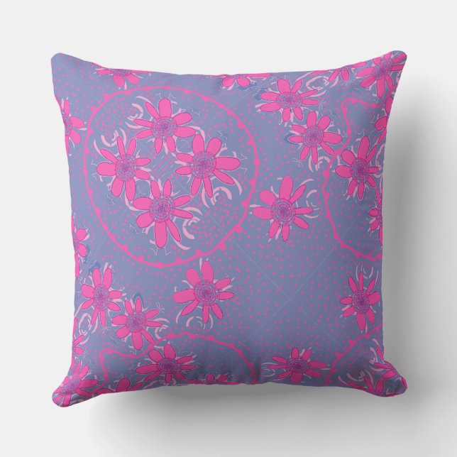 Maz Floral Bubbles Polka Dot Periwinkle Fuchsia Throw Pillow (Back)