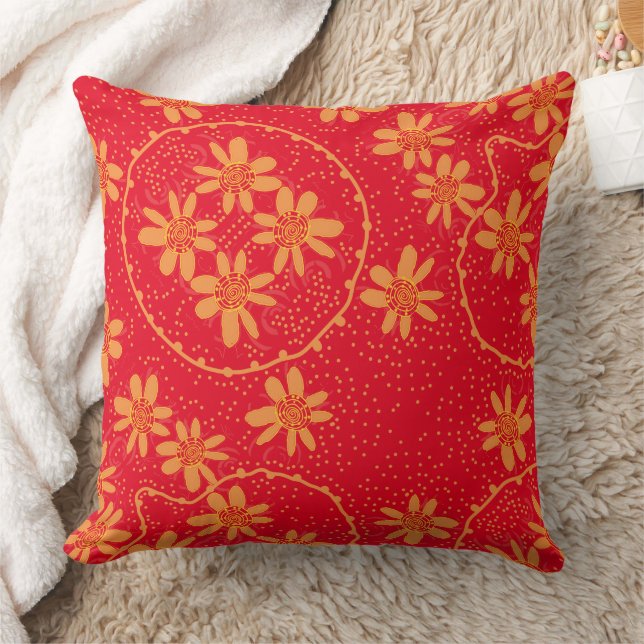 Maz Floral Bubbles Polka Dot Red Orange Throw Pillow (Blanket)