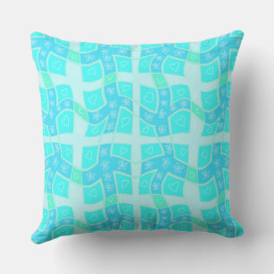 Maz Floral Love Hearts Check - Turquoise Blue 1 Throw Pillow