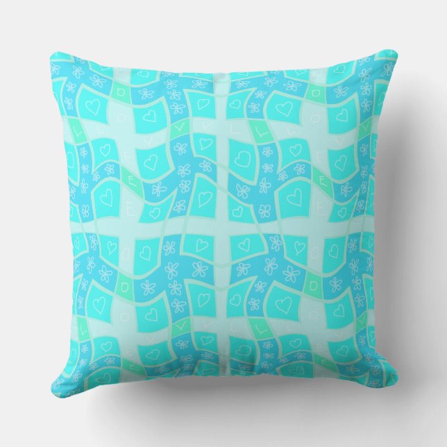 Maz Floral Love Hearts Check - Turquoise Blue 1 Throw Pillow (Back)