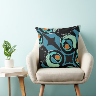 Maz Sunrise Ethnic Circle - Teal Black Orange 2 Throw Pillow