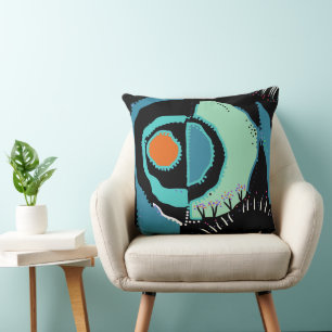Maz Sunrise Ethnic Circle - Teal Black Orange  Throw Pillow