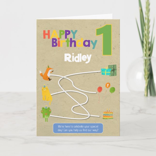 Maze Activité 1er Anniversaire Carte - Animaux Kra (Devant)