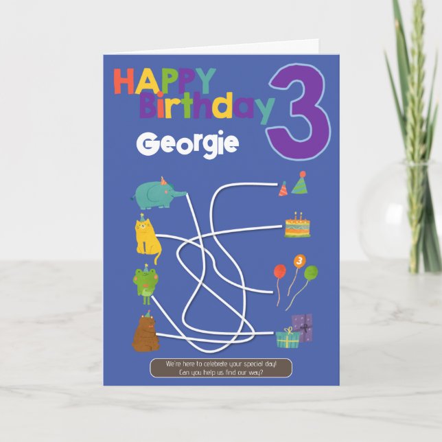 Maze Activité 3e carte d'anniversaire - Animaux (Devant)