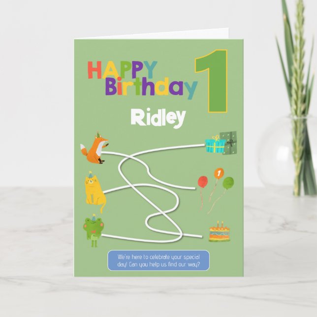 Maze Activity 1st Birthday Card - Animals Trace (Front)