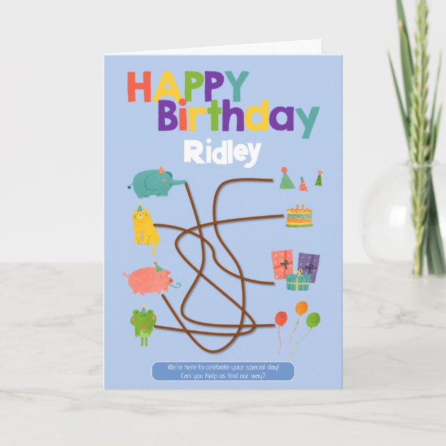 Maze Activity Child Birthday Card - Animals Trace (Front)