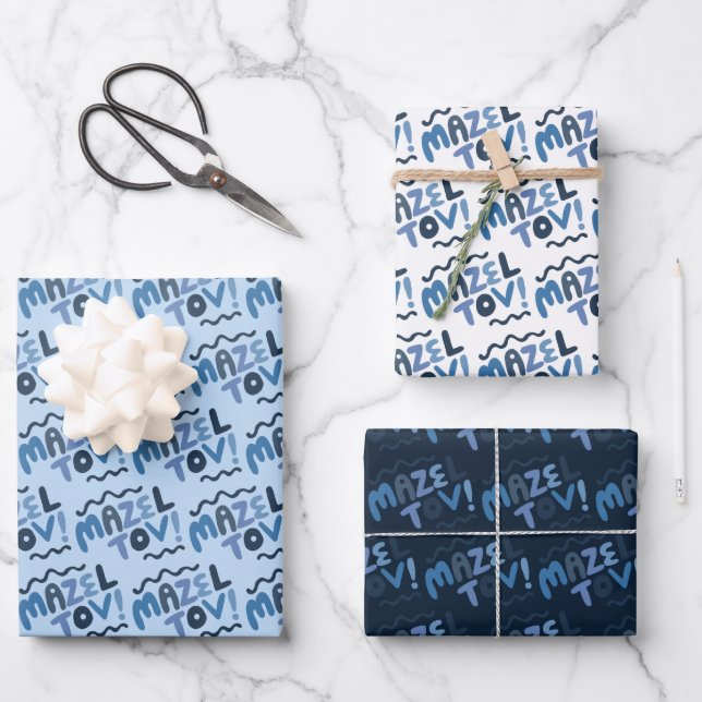 MAZEL TOV Bar Bat Mitzvah Handlettered Jewish Blue Wrapping Paper Sheet (Front)