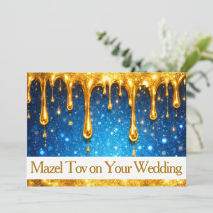 Mazel Tov Card for Wedding, Blue Dripping Gold,