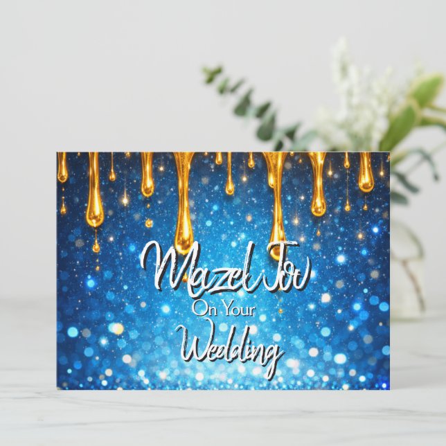 Mazel Tov Card for Wedding, Blue Dripping Gold, (Standing Front)