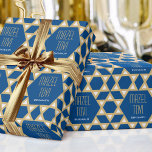 Mazel Tov  Custom Greeting Star of David Pattern Wrapping Paper<br><div class="desc">Send your congratulations with this 'Mazel Tov' personalized gift wrap. Perfect for family and friends to celebrate many different occasions, including Hanukkah, Bar Mitzvah, Bat Mitzvah, birthdays, weddings, graduations, new home, new job and more! A stylish design featuring a Star of David geometric pattern in blue, white and gold colour....</div>