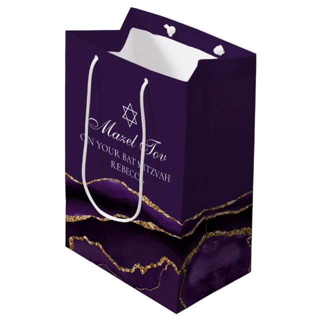 Mazel Tov Purple Gold Personalized Bat Mitzvah Medium Gift Bag (Front Angled)