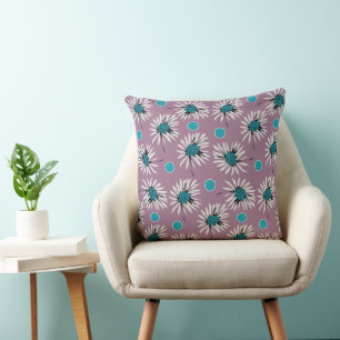Mazipoodles Bold Daisies - Dusty Lilac Teal Blue Throw Pillow