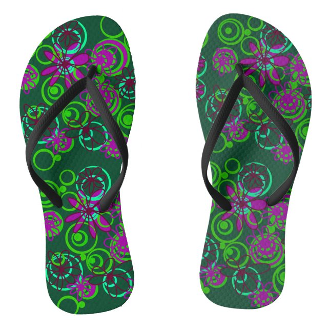 Mazipoodles Floral Bubbles Green Purple Plum       Flip Flops (Footbed)