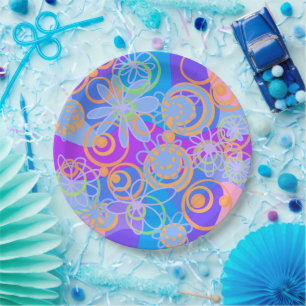 Mazipoodles Floral Bubbles Multi Blue Orange Blue Paper Plate