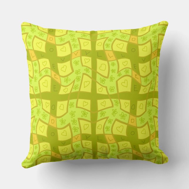 Mazipoodles Floral Love Hearts Check - Lime Olive Throw Pillow (Back)