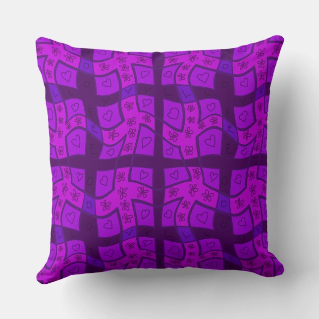 Mazipoodles Floral Love Hearts Check - Purple B Throw Pillow (Back)