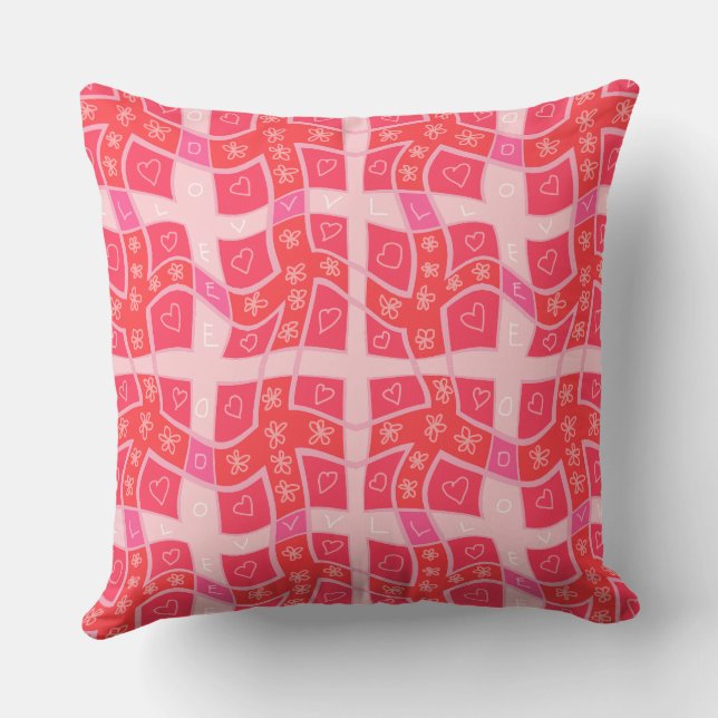 Mazipoodles Floral Love Hearts Check - Red  Throw Pillow (Back)
