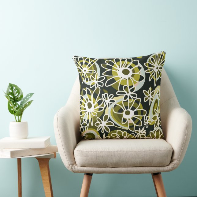 Mazipoodles Love Flowers - Black Olive White Throw Pillow (Chair)