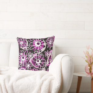 Mazipoodles Love Flowers - Black Purple White Throw Pillow
