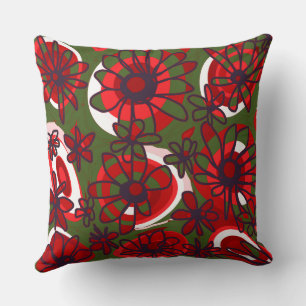 Mazipoodles Love Flowers - Green Red Black White Throw Pillow