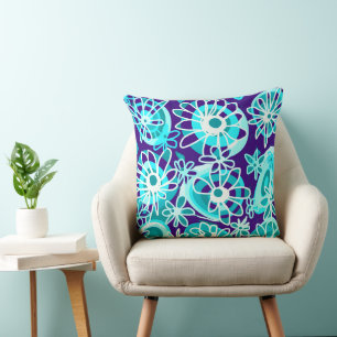 Mazipoodles Love Flowers - Indigo Dusty Teal White Throw Pillow