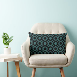 Mazipoodles Mid Century Check Blue On Black Lumbar Pillow