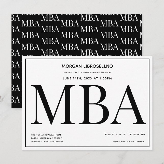 MBA degree Black White Graduation Party Invitation (Front/Back)
