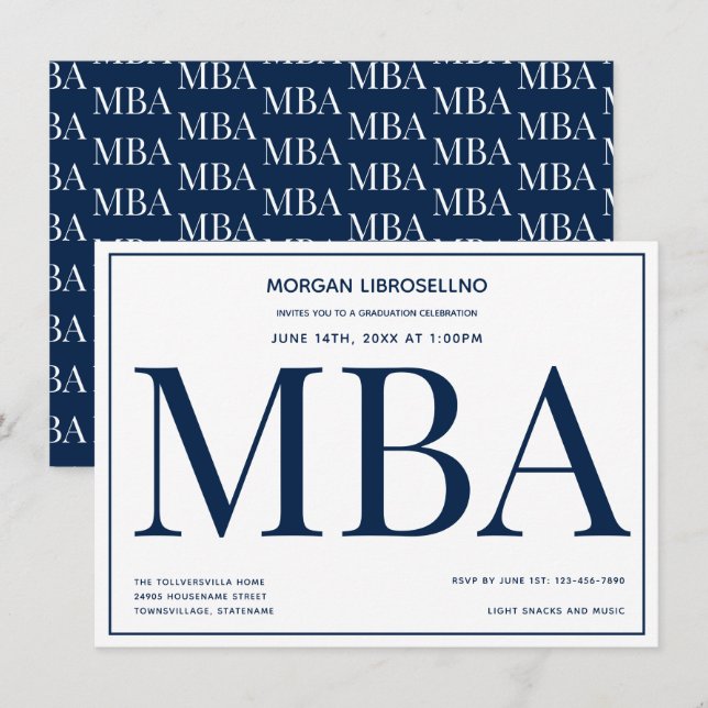 MBA degree Blue White Graduation Party Invitation (Front/Back)