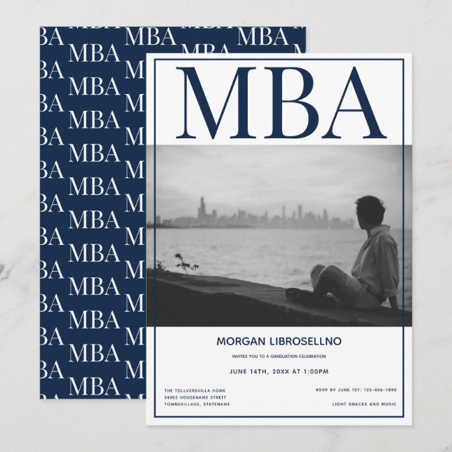 MBA degree White Blue Photo Graduation Party Invitation (Front/Back)